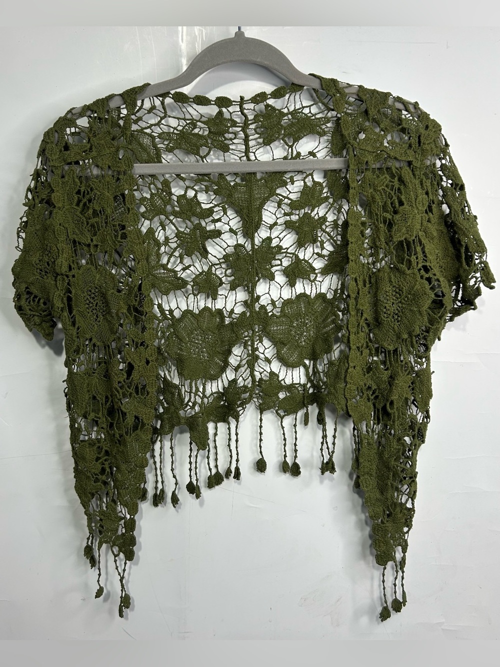 Olive Green Lace Fringe Hem Crochet Open Front Cardigan One Size